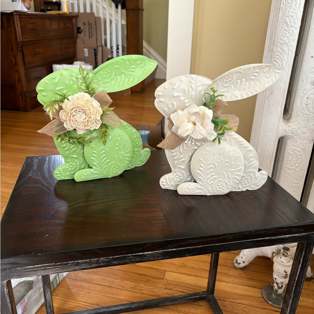 set of 2 vintage tin bunny decor